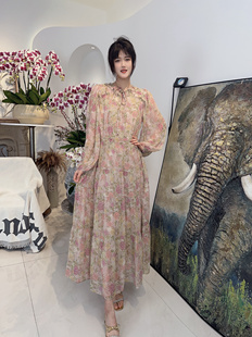 欧洲站2024春夏新款女裙欧货YR洋气减龄桑蚕丝印花收腰显瘦连衣裙