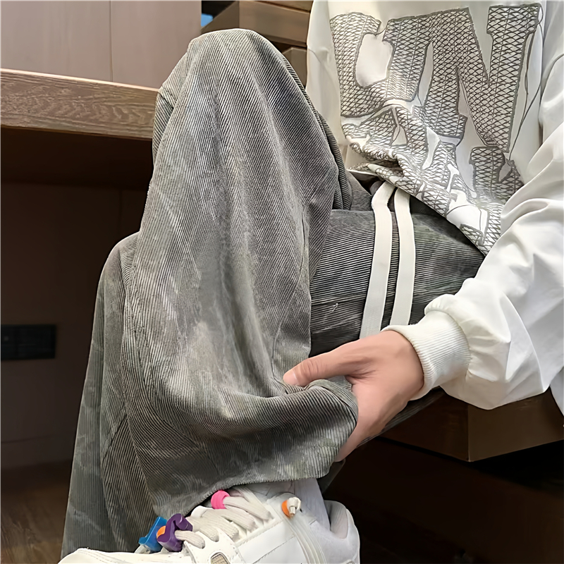 加绒加厚裤子男秋冬季ins潮流宽松青少年港风大码休闲运动直筒裤