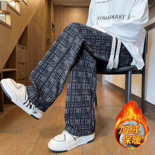 灯芯绒格子男款秋冬加绒加厚美式复古裤子直筒宽松阔腿休闲裤帅气