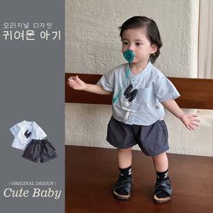 小阿七2026帅气套装夏季男童字母时髦衬衫男孩短袖t恤a类纯棉小童