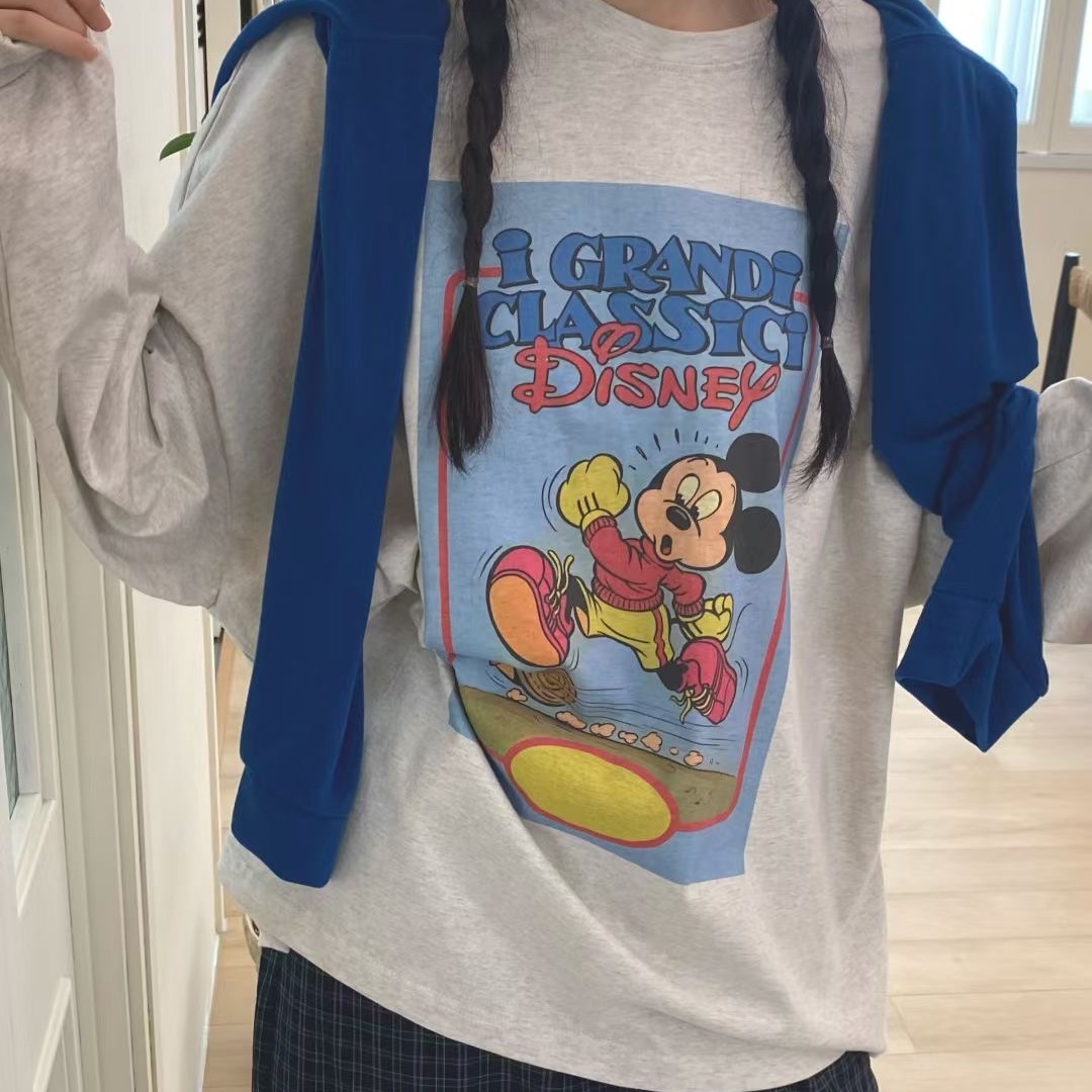 韩国宽松大版米奇长袖棉T恤女