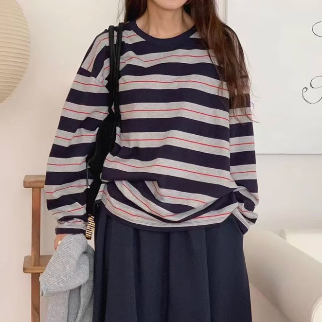 韩国宽松条纹长袖T恤女打底衫