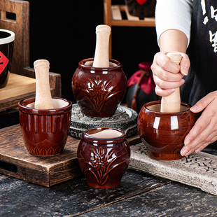 老式蒜臼子擂钵舂钵抖辣椒陶瓷捣蒜棒器窝子可爱蒜泥罐擂辣椒皮蛋