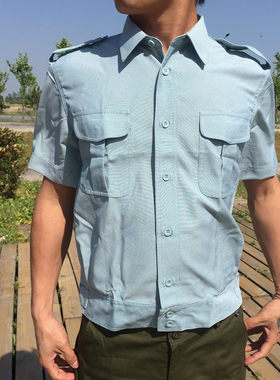 老式中老年衬衣库存夏季短袖衬衣浅蓝色军训男上衣劳保工作服透气