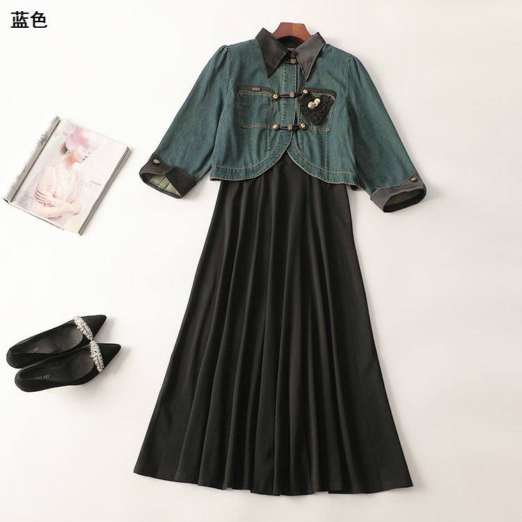 245687 秋外套长裙套装 女加长款九分袖翻领