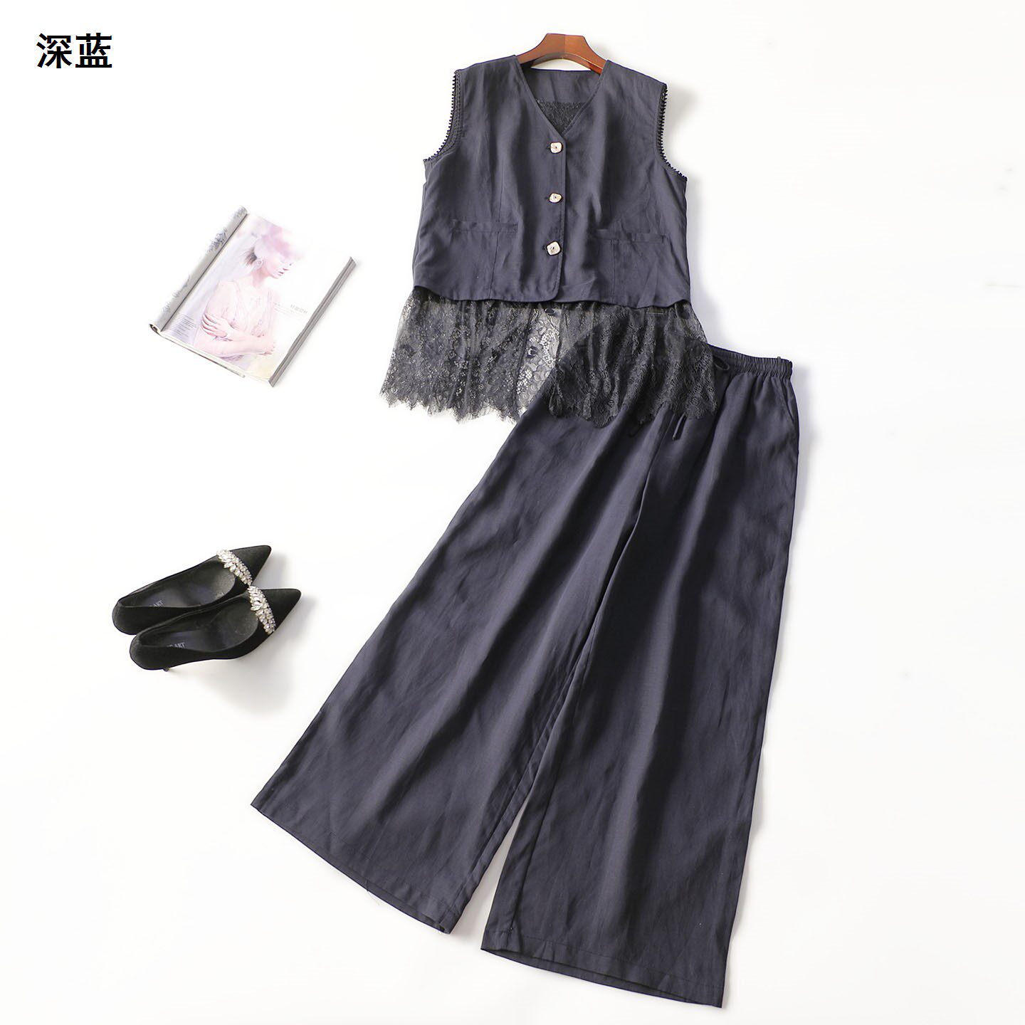249558 春马夹裤子套装 女长款无袖单排扣.M.L.XL