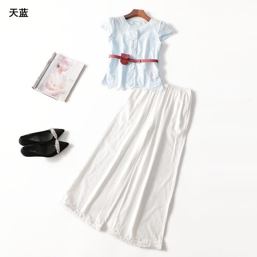246189 夏衬衣裤子套装 女长款短袖单排扣.M.L.XL