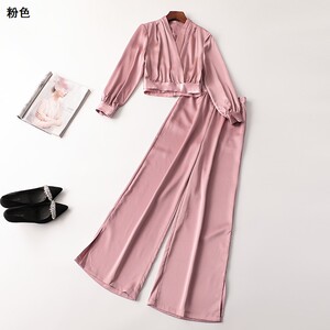 240882 春醋酸纤维外套裤子套装 铭薇高端女长款长袖V领