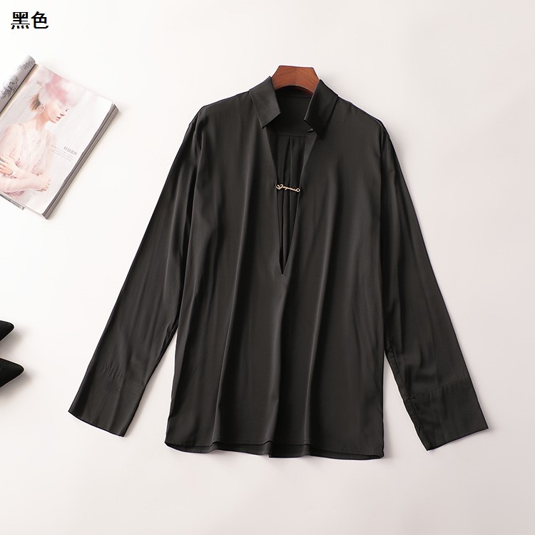 240204 秋人丝衬衫 深圳女中长款长袖翻领现货