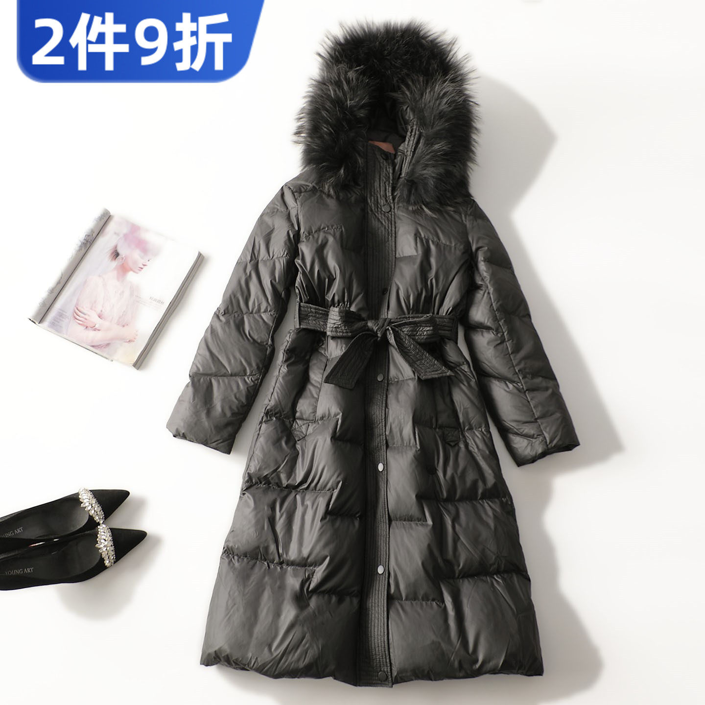 503742 冬羽绒服 女加长款九分袖连帽清仓