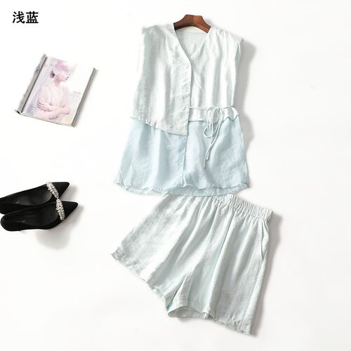 248856 夏衬衣裤子套装 女短款无袖单排扣.M.L.XL
