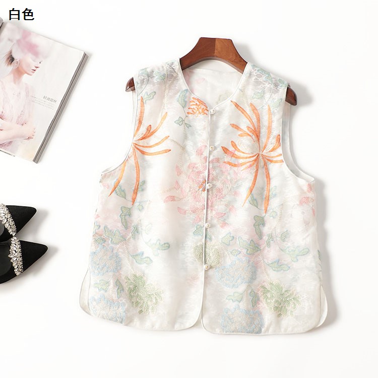 246021 夏马夹 女欧根纱绣花中长款无袖V领清仓