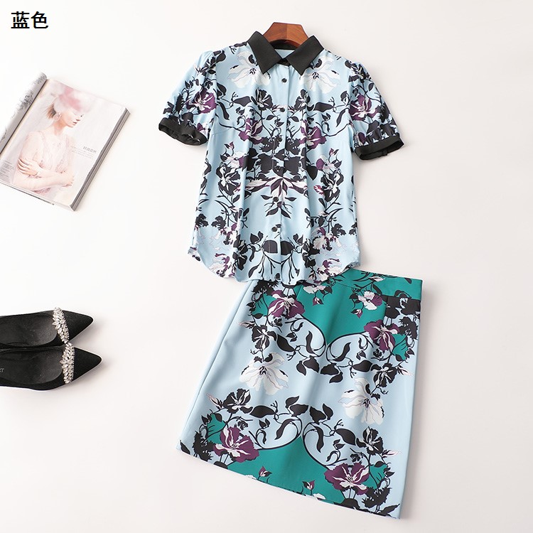 409351 夏衬衣半身裙套装 女印花短款短袖翻领断码清仓