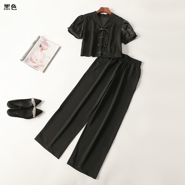 245979 夏上衣裤子套装 女长款短袖V领现货