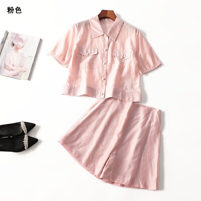 411820强烈推荐南油全包边更高档天丝夏五分翻领短袖衬衣裤子套装