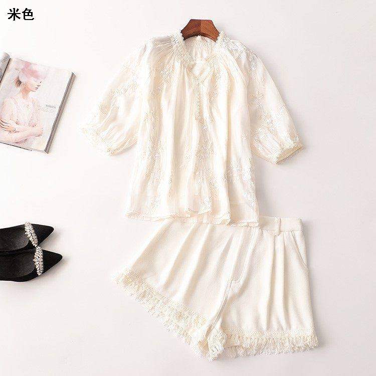 409274 夏上衣裤子套装 女五分五分袖V领