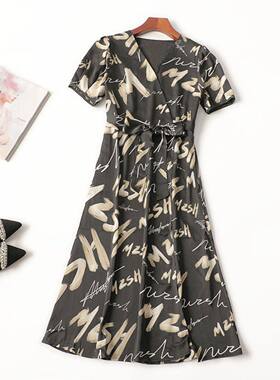 411115 夏连衣裙 深圳女印花加长款短袖V领
