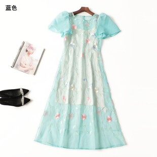 410816 夏连衣裙 深圳女欧根纱绣花长款五分袖圆领.S.M.L.XL