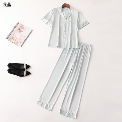 409099 夏上衣裤子套装 深圳女睡衣长款短袖翻领