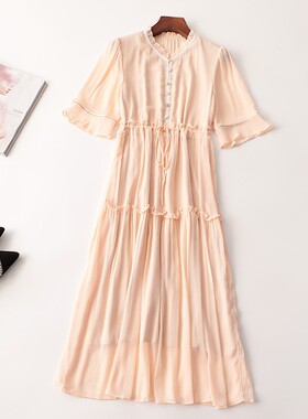 243063 夏加长款V领五分袖连衣裙