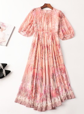 243145 夏连衣裙 女印花加长款七分袖圆领现货