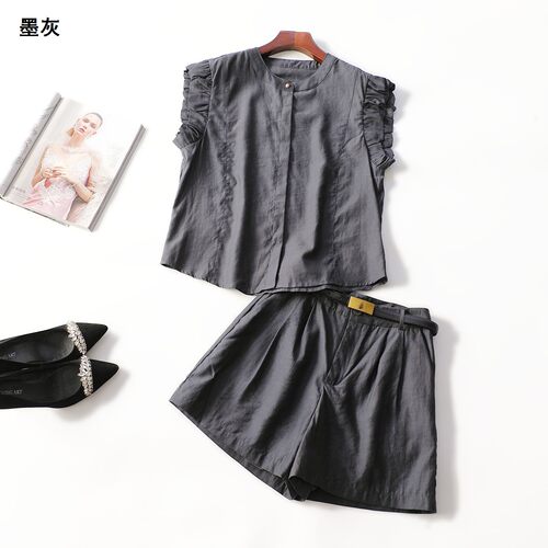 414214 夏上衣裤子套装 女短款短袖单排扣.M.L.XL
