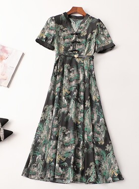 243150 夏加长款V领短袖连衣裙