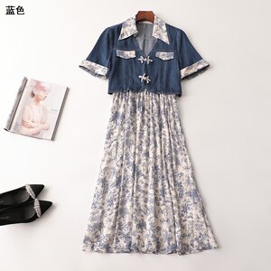 405160 夏外套长裙套装 铭薇高端女牛仔印花加长款短袖翻领