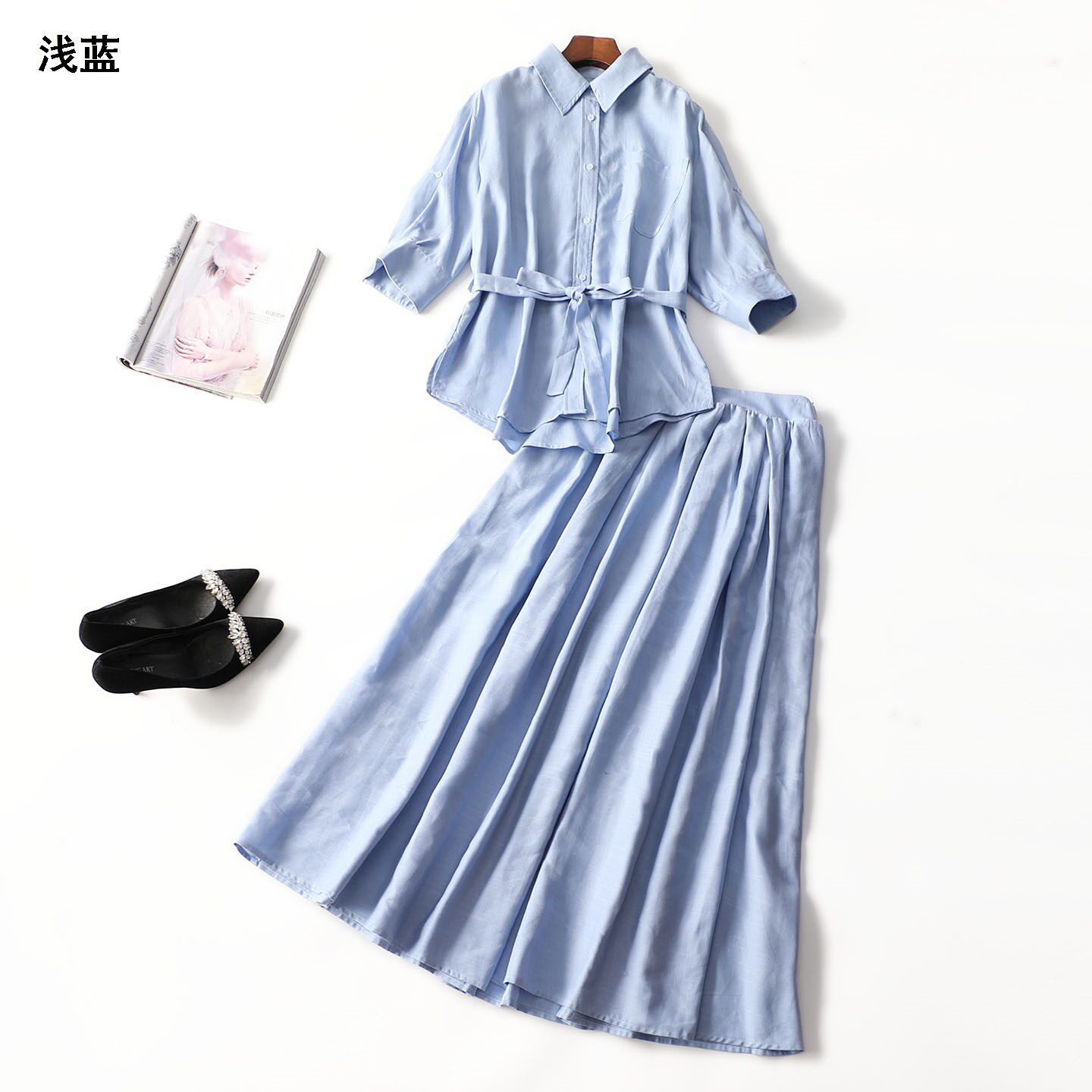 249415 春衬衣半身裙套装 女长款七分袖单排扣.L.2XL.XL