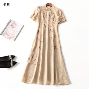 411815 夏连衣裙 女加长款短袖立领.M.L.XL