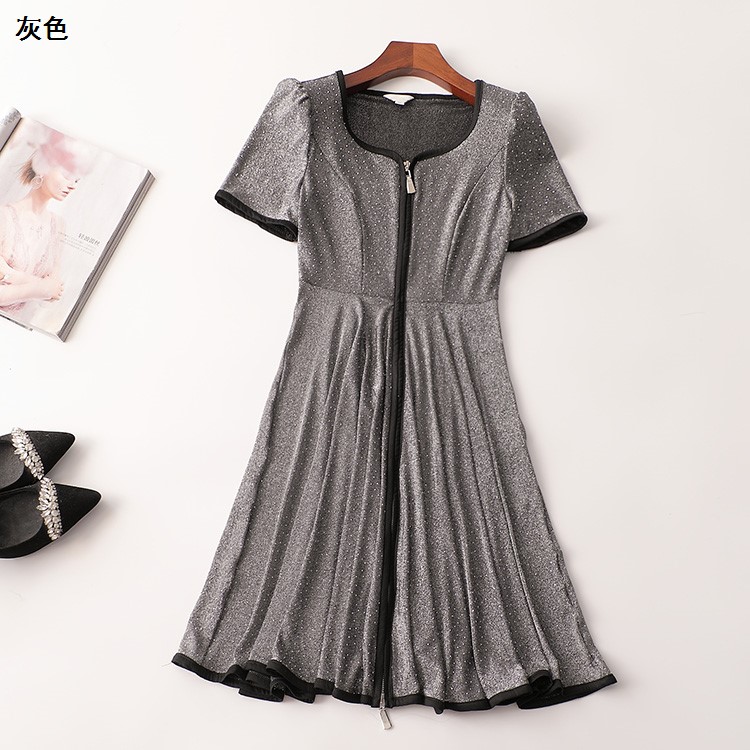 409209 夏连衣裙 女烫钻长款短袖V领