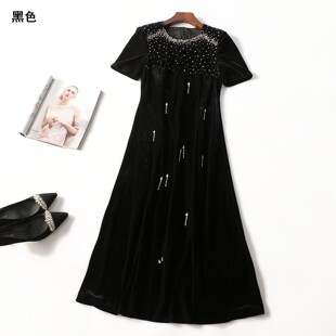 414969推荐南油高端欧洲站轻奢女装重工丝绒秋长款短袖连衣裙