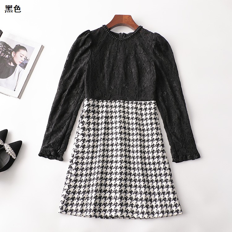 403051 秋连衣裙 深圳女钉珠蕾丝毛呢长款长袖圆领断码清仓