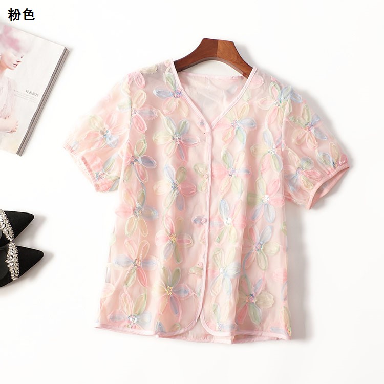 245957 夏衬衫 女中长款短袖V领