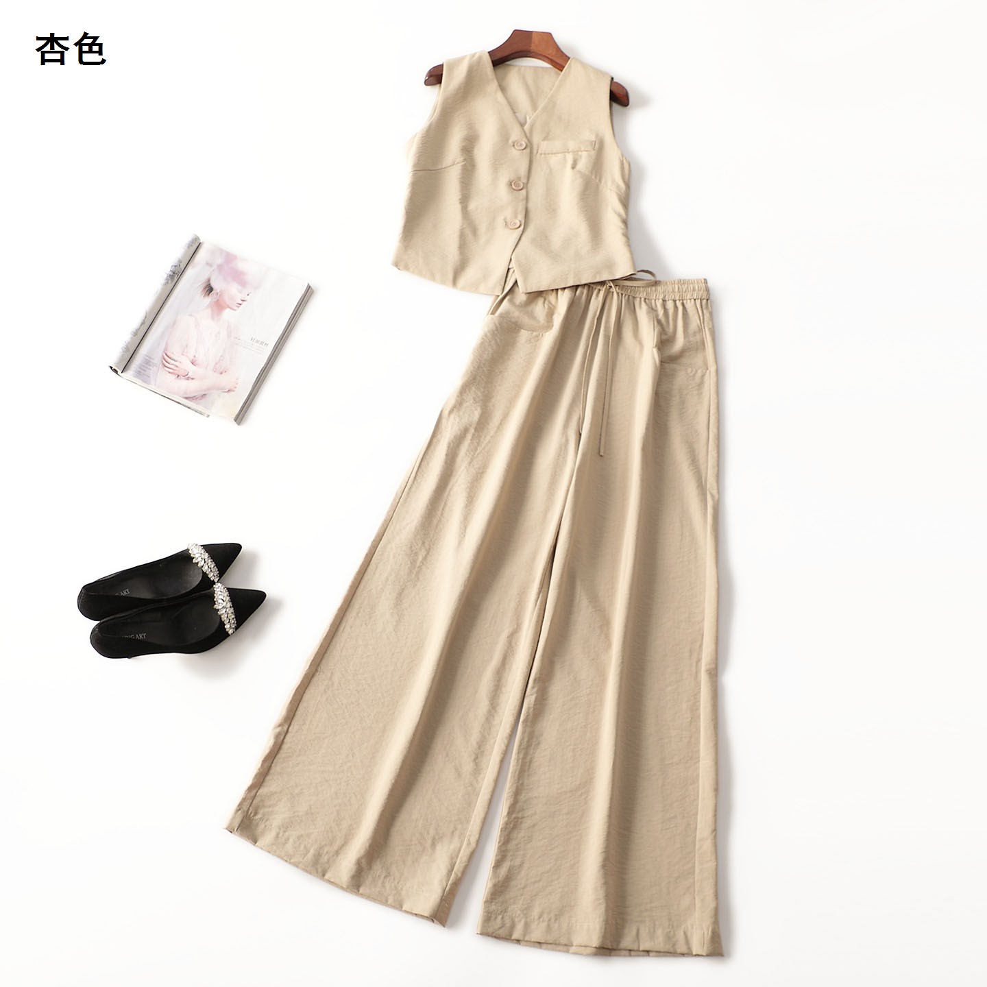 412022 秋棉麻马夹裤子套装 女长款单排扣