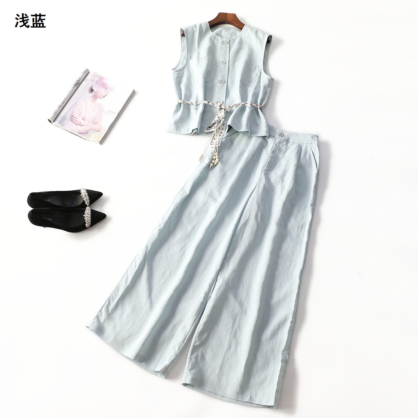249580 春马夹裤子套装 女长款无袖单排扣.M.L.XL