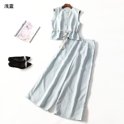 249580 春马夹裤子套装 女长款无袖单排扣.M.L.XL
