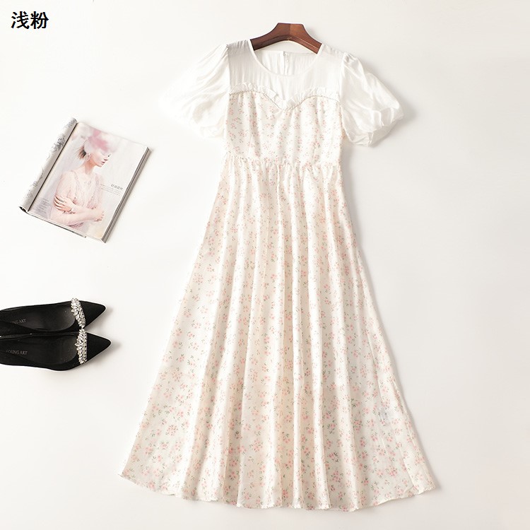 410822 夏天丝连衣裙 深圳女加长款短袖圆领现货