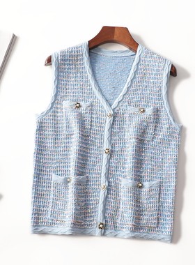 412256 秋针织衫 深圳女中长款无袖单排扣