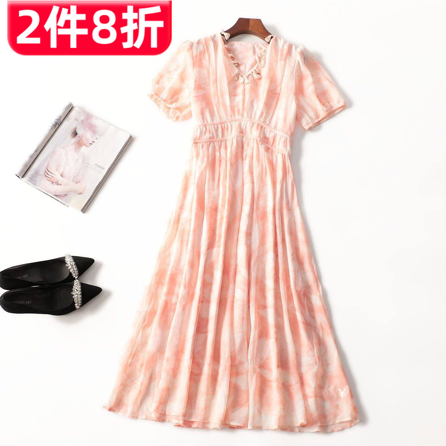 411951 夏连衣裙 女加长款短袖V领断码清仓