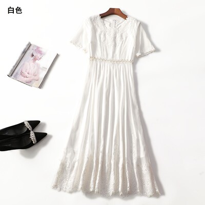 248195气质大女主天丝人棉亲肤重工法式夏加长款套头短袖连衣裙
