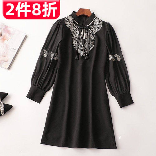 243865 秋醋酸纤维连衣裙 女绣花盘扣国风长款长袖立领50现货