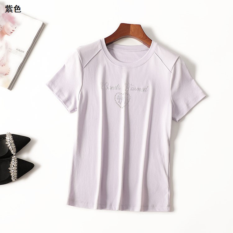 245997 夏莱赛尔T恤 女烫钻中长款短袖圆领