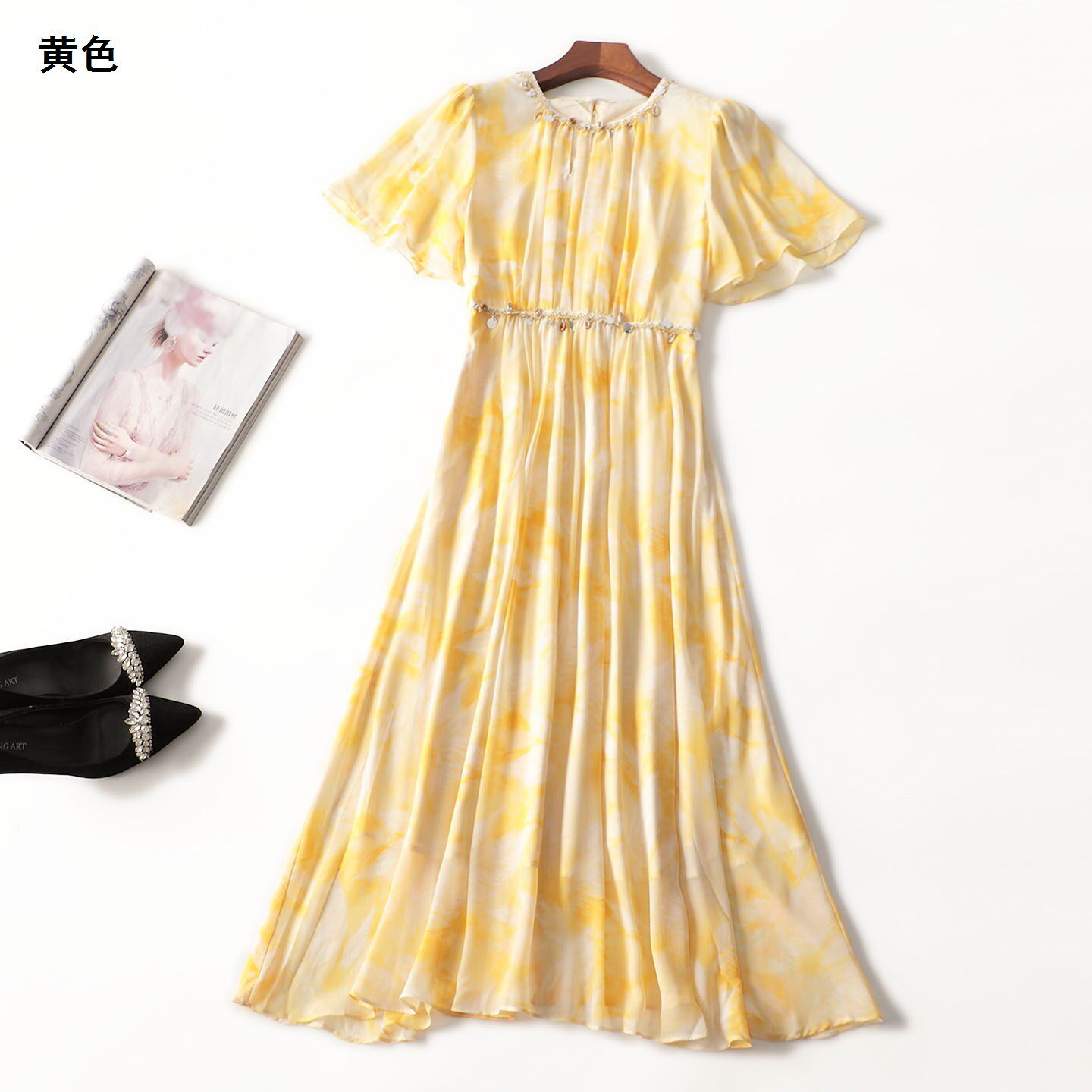 246260敲好看精品女人味气质花色年轻夏加长款套头短袖连衣裙