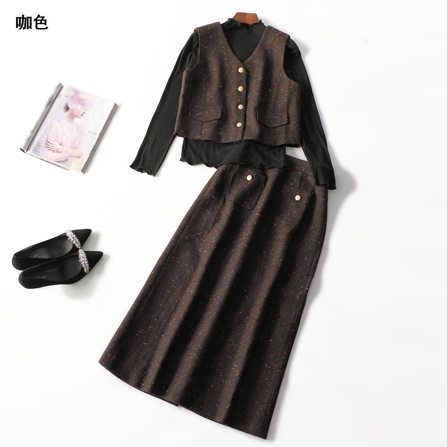 248032新款女装超值精品3件套秋中长款单排扣长袖马夹半身裙套装