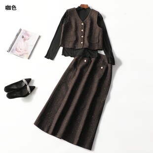 248032新款女装超值精品3件套秋中长款单排扣长袖马夹半身裙套装