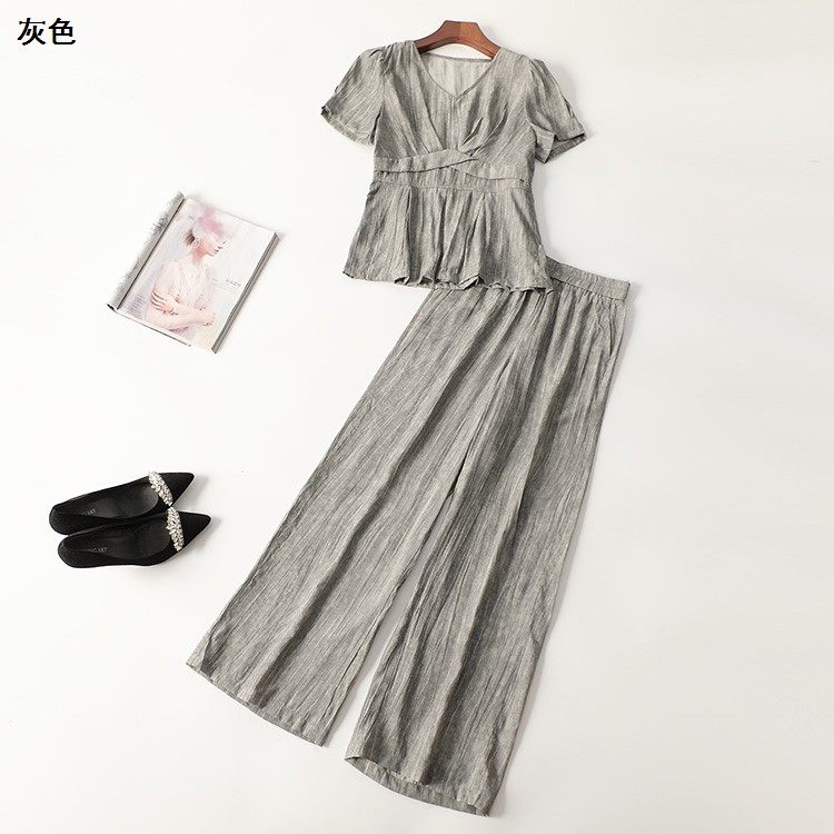 245923 夏上衣裤子套装 女长款短袖V领