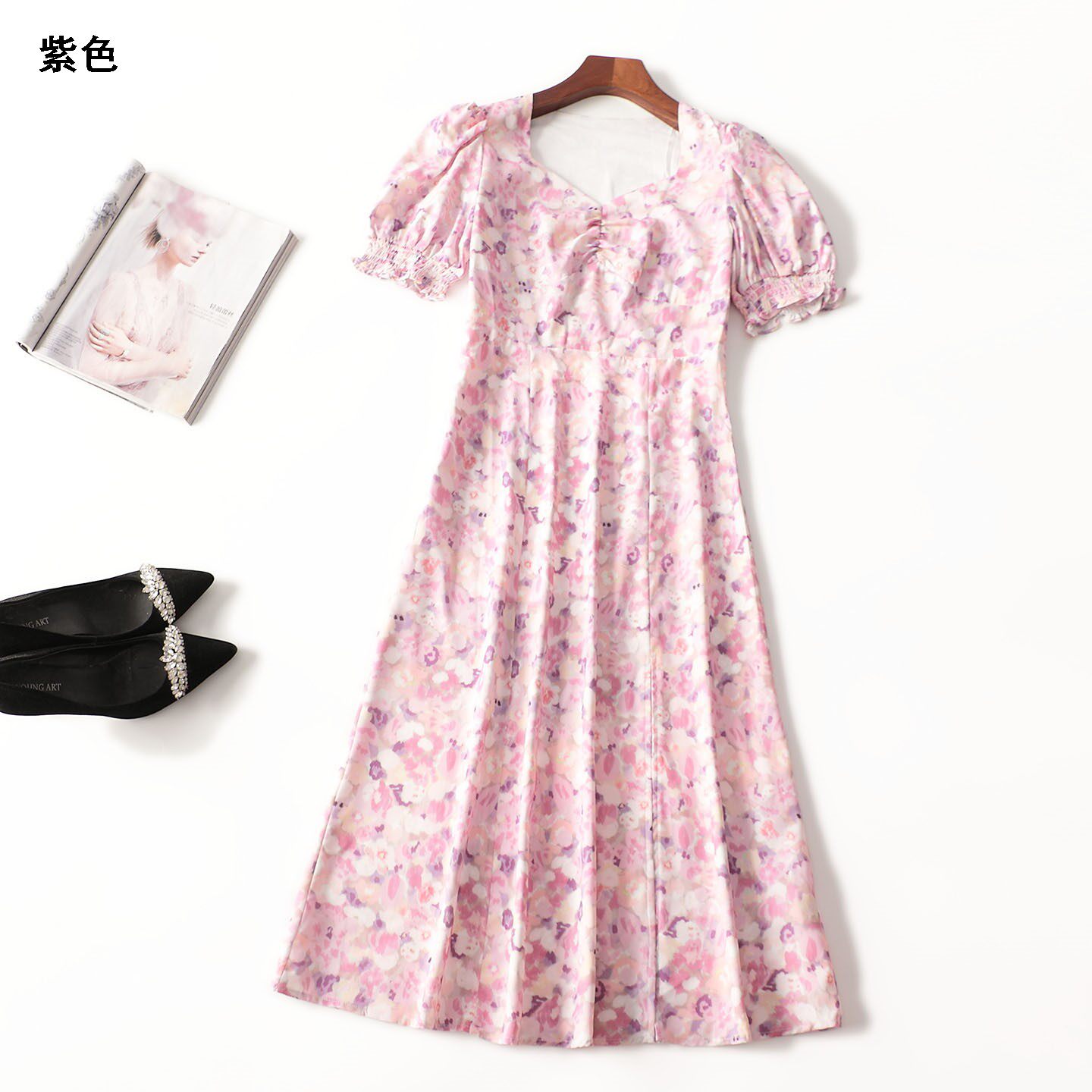 411597超值精品女装气质女人味法式洋气夏加长款V领短袖连衣裙