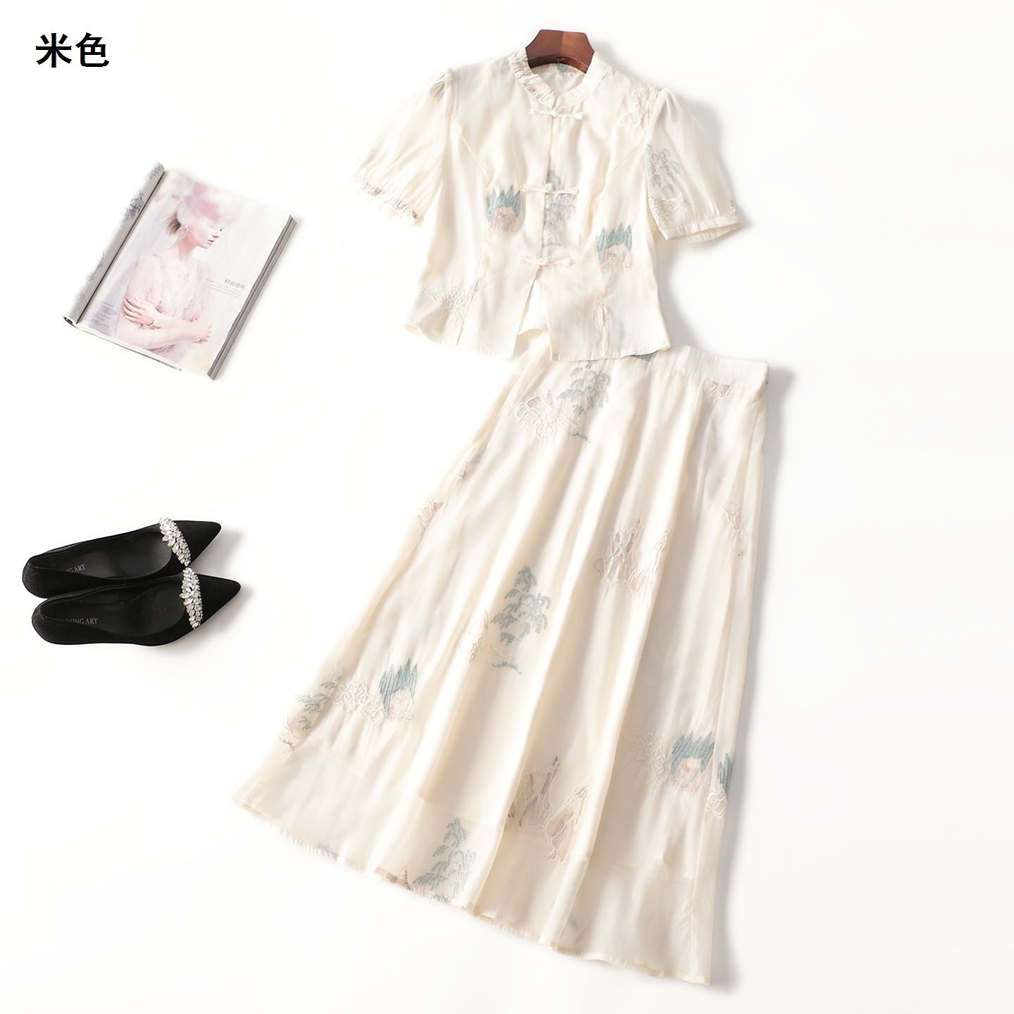 411878 夏衬衣半身裙套装 女长款短袖立领现货