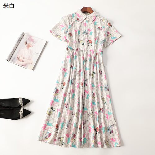 245841 夏加长款翻领短袖印花连衣裙
